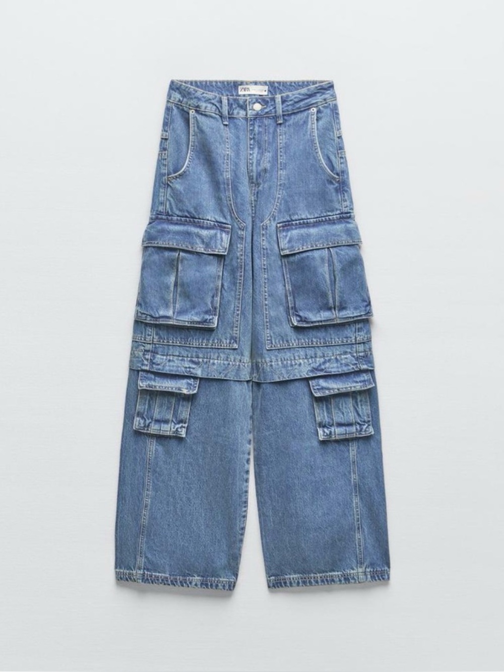 Zara High Waisted Blue Cargo Denim Jeans